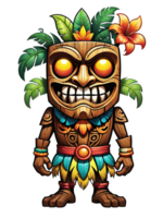 ai gerado tiki mascarar desenho animado personagem com flores e folhas em transparente fundo png