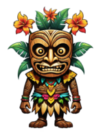 ai gegenereerd tiki masker tekenfilm karakter met bloemen en bladeren Aan transparant achtergrond png