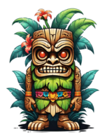 ai gerado tiki mascarar desenho animado personagem com flores e folhas em transparente fundo png