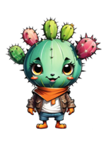 ai generado cactus dibujos animados personaje con flores ilustración en transparente antecedentes png