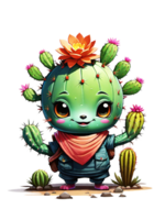 ai generado cactus dibujos animados personaje con flores ilustración en transparente antecedentes png