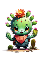 AI generated Cactus cartoon character with flowers illustration on transparent background png