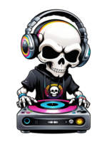 AI generated Skull DJ with headphones and turntable illustration on transparent background png
