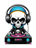 AI generated Skull DJ with headphones and turntable illustration on transparent background png