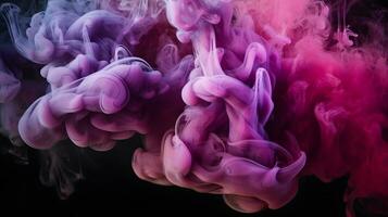 ai generado púrpura y azul colores mezclar, fumar efecto en agua. grueso vistoso fumar púrpura, rosa, rojo, azul en un negro aislado antecedentes foto