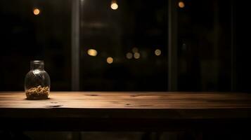 ai generado vacío oscuro de madera mesa en frente de resumen borroso bokeh antecedentes de restaurante . lata ser usado para monitor o montaje tu productos.mock arriba para espacio foto