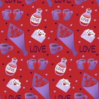 Elegant gifts on Valentines day. Seamless pattern on red background. Trendy print design for textile, wrapping, paper, wallpaper, background vector