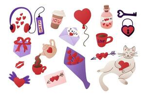 Big romantic set of elements for Valentines day. Vector isolated items related to St Valentines day on white background. Kitten with heart, bunch of hearts, gift box. Good for stickers