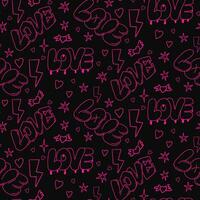 Vintage pattern with doodle word LOVE in 90s style on black background. Outline sketchy words and elements colored in neon pink color. Perfect for Valentines decoration, background vector