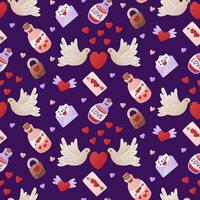 Romantic items on Valentines day such as birds, love potion, key, envelop, heart. Seamless pattern on dark background. St Valentines day concept pattern. Trendy print design for textile, wrapping vector