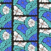 Abstract pattern with square shape illustration on black background. Flat hand drawn cut out flowers, leaves in bright colors. Unique retro print design for textile, wallpaper, interior, wrapping vector