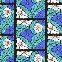 resumen modelo con cuadrado forma ilustración en negro antecedentes. plano mano dibujado cortar fuera flores, hojas en brillante colores. único retro impresión diseño para textil, fondo de pantalla, interior, envase vector