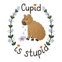 Crying cute hand drawn capybara with lettering. St Valentines day typographic concept. Cute flat animal character with tears and broken heart. Isolated sticker on white background vector