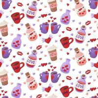 Flat cute Valentines elements seamless pattern. St Valentines day concept pattern on white background. Items related to romantic holiday. Trendy print design for textile, wallpaper, wrapping vector
