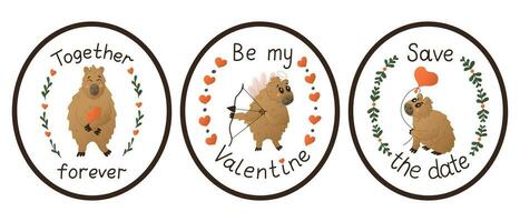 Set of flat colored capybaras stickers with handwriting text. St Valentines day typographic concept. Cute animal characters with floral frames. Isolated sticker with love lettering on white background vector