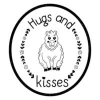 Grunge typographic sticker with happy capybara. Flat animal character in love and Valentines lettering Hugs and kisses. Isolated composition with scratches on white background vector