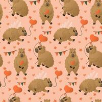 Seamless pattern with cute romantic capybaras. Cute flat animal cartoon characters with flags, floral branches, stars. St Valentines day or happy birthday concept pattern on white background vector