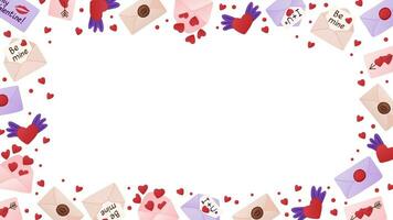 Horizontal background for Valentines day holiday. Frame template or design print with love letters, envelopes, hearts on white background. Good for banner, background, social media graphics vector