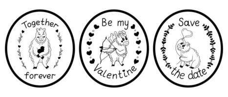 Set of contour typographic stickers with capybara. Flat animal character in love and Valentines lettering with floral frames. Isolated compositions on white background vector