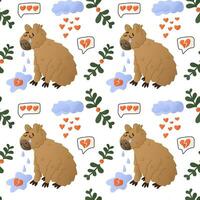 Sad Valentines capybara with tears seamless pattern. Cute flat animal cartoon characters with hearts, cloud, branches. St Valentines day concept pattern on white background vector