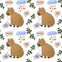 Sad Valentines capybara with tears seamless pattern. Cute flat animal cartoon characters with hearts, cloud, branches. St Valentines day concept pattern on white background vector