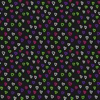 Neon colored doodle hearts pattern in 90s style on black background. Bold hand drawn ink scribbles in heart shapes. Modern trendy background or illustration. Abstract textile, banner, wrapping paper vector
