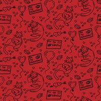 Cats with heart on Valentines day seamless pattern. Vector isolated black elements related to love holiday on red background. Print design for textile, wallpaper St Valentines day concept pattern