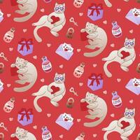 Funny Valentines cat with hearts seamless pattern. Items related to romantic holiday. Trendy print design for textile, wallpaper, wrapping. St Valentines day concept pattern vector