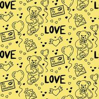 san valentin sin costura modelo con san valentin elementos, osito de peluche oso, globo, corazones, sobres vector aislado negro elementos en amarillo antecedentes. de moda impresión diseño para textil, fondo de pantalla