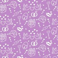 Valentines items outlines seamless pattern on purple background. Vector isolated white elements on purple background. Trendy print design for textile, wallpaper St Valentines day concept pattern