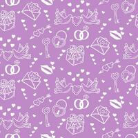 Valentines items outlines seamless pattern on purple background. Vector isolated white elements on purple background. Trendy print design for textile, wallpaper St Valentines day concept pattern