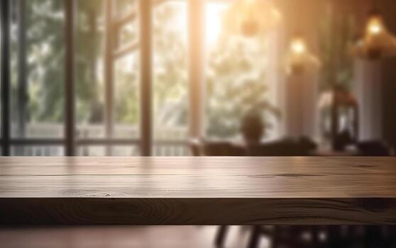AI generated Empty wooden table in front of blurred and abstract window background photo