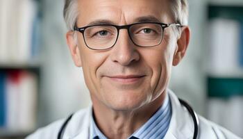 AI generated a close up of a male doctor wearing glasses photo