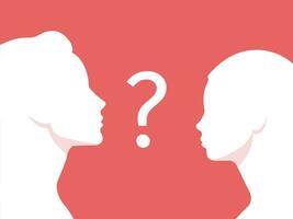 Side view portrait of a woman and girl gazing at each other. Question mark in between. Mom and daughter. Family problems, single parent and different generations issues. Pink backdrop. vector