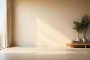 AI generated Elegant Room Featuring Beige Plaster Wall and Light Wood Flooring with Window Sunlight and Shadow photo