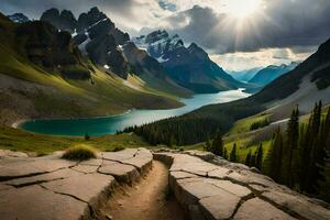 el Dom brilla terminado un lago y montañas en el antecedentes. generado por ai foto