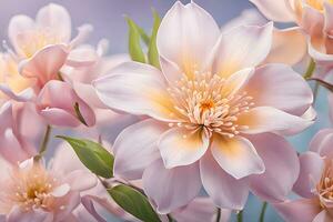 AI generated A close up of a bunch of pink flowers, pink and white dahlia photo