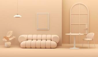 Peach fuzz 2024 color trend living room. With circle table and lamp, door, frame on wall. Luxury apricot crush color wall background with copy space. photo