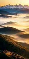 AI generated Aerial view of mountains in low clouds at sunrise in autumn. Top drone view of hills with red and orange trees in fog, colorful sky in fall. Slovenia. Nature. Mountain valley. photo