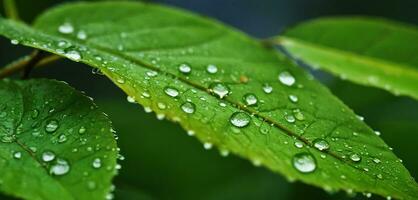 AI generated Close up macro photography of wet leaves in the rainy season. photo