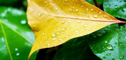 AI generated Close up macro photography of wet leaves in the rainy season. photo