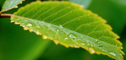AI generated Close up macro photography of wet leaves in the rainy season. photo