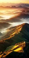 AI generated Aerial view of mountains in low clouds at sunrise in autumn. Top drone view of hills with red and orange trees in fog, colorful sky in fall. Slovenia. Nature. Mountain valley. photo