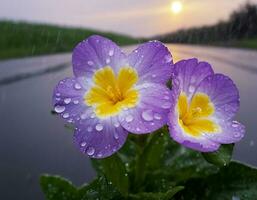 AI generated A primrose flower in the rain photo