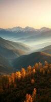 AI generated Aerial view of mountains in low clouds at sunrise in autumn. Top drone view of hills with red and orange trees in fog, colorful sky in fall. Slovenia. Nature. Mountain valley. photo