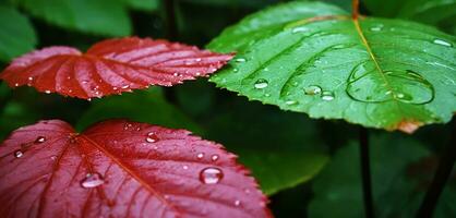 AI generated Close up macro photography of wet leaves in the rainy season. photo