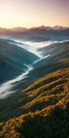 AI generated Aerial view of mountains in low clouds at sunrise in autumn. Top drone view of hills with red and orange trees in fog, colorful sky in fall. Slovenia. Nature. Mountain valley. photo