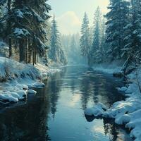 AI generated winter forest lake photo