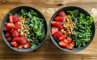 AI generated cups of strawberries, assorted greens and pine nuts photo