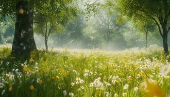 ai generado un herboso campo lleno de flores silvestres y arboles foto